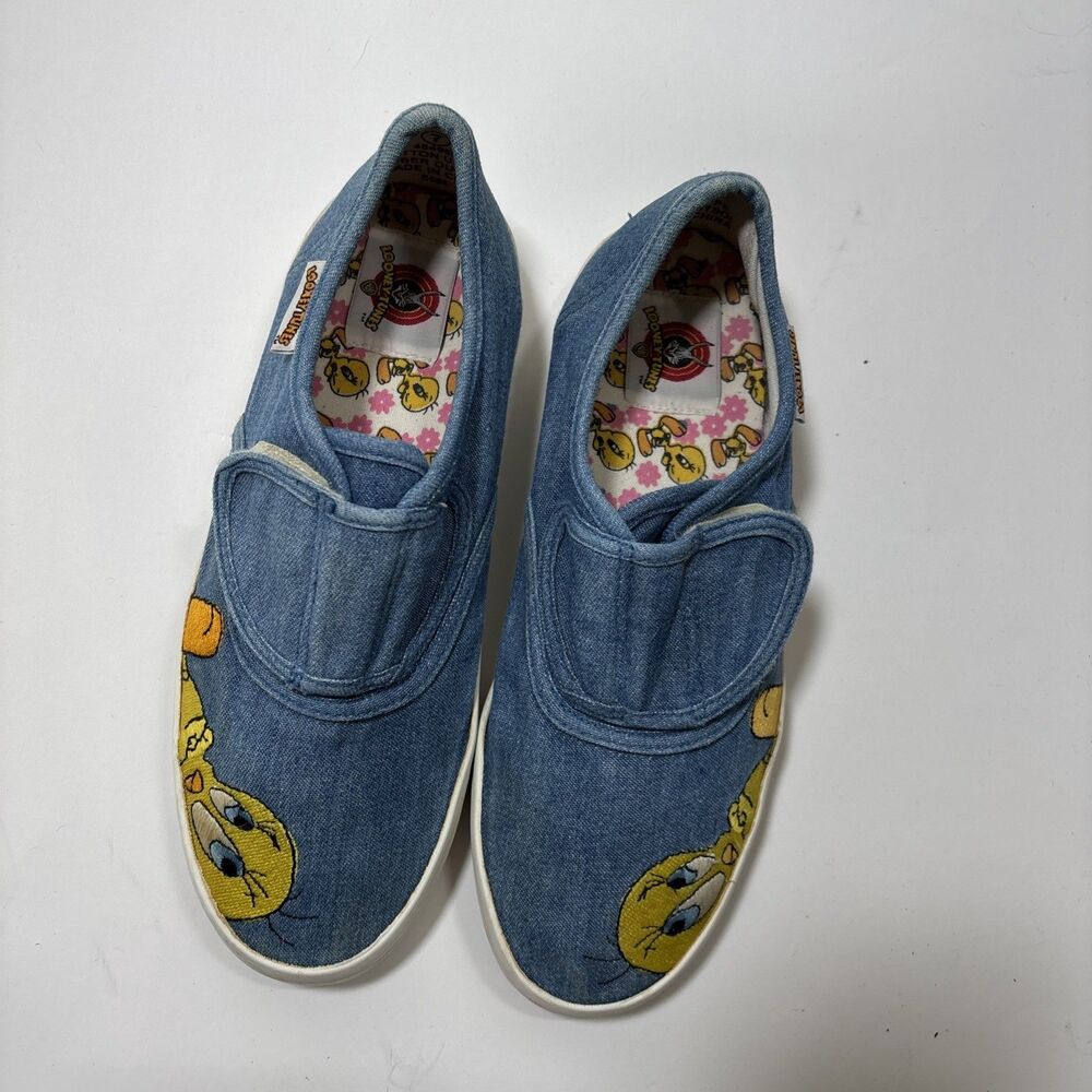 VTG 1999 Tweety Bird Looney Tunes Denim Slip On Shoes Women’s Size 7 90s Y2K